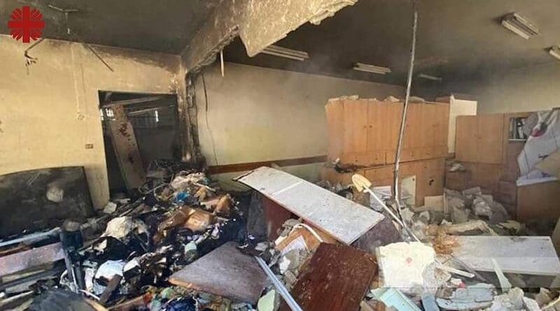 Debris of the Latin Patriarchate Holy Family School after it was hit during an alleged Israeli military bombardment in Gaza. Photo Credit: Caritas