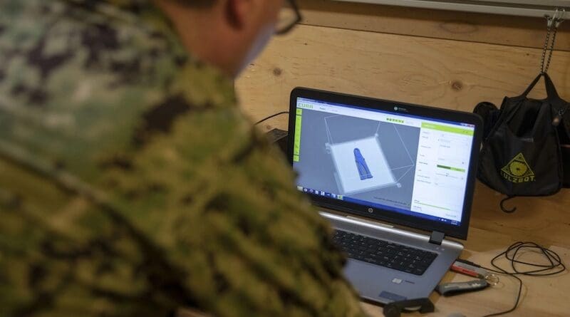 Lt. Cmdr. Jake Lunday, engineering duty officer at OPNAV N4 and additive manufacturing analyst, uses 3D-printing software while supporting Naval Station Mayport’s Southeast Regional Maintenance Center (SERMC). Photo Credit: Petty Officer 3rd Class Austin Collins, DOD