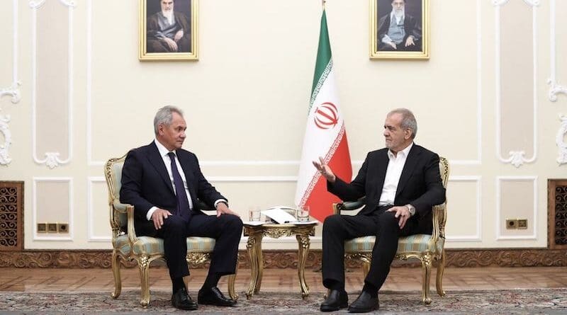Secretary of Russia’s Security Council, Sergei Shoigu with Iran's President Masoud Pezeskhian in Tehran, on Aug. 5, 2024. Photo Credit: Iran Presidency
