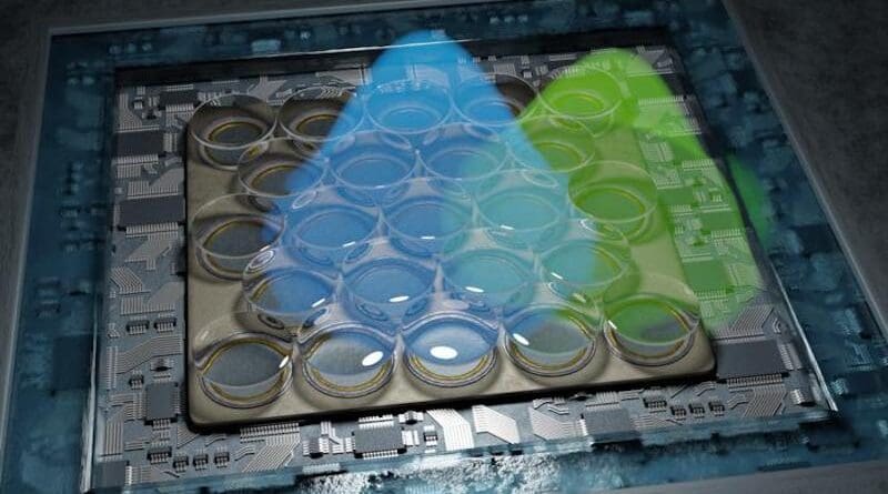 Representation of the highly sensitive detector that is part of the newly developed fluorescence microscope. It consists of 23 individual detectors, enabling the resolution to be doubled. CREDIT: Alexey Chizhik, Göttingen University
