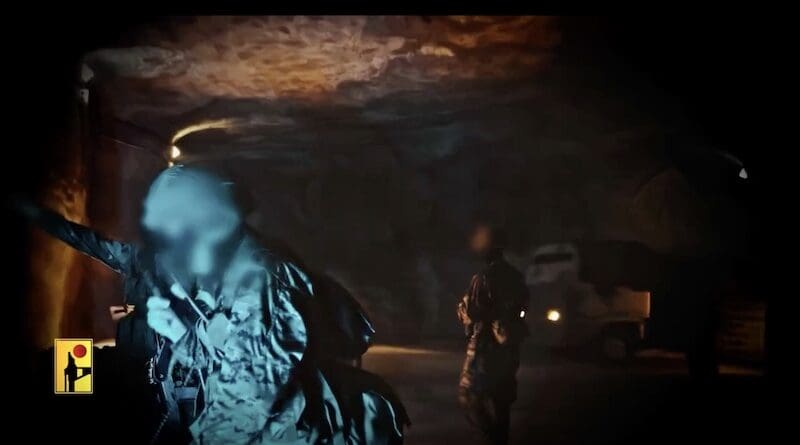 Screenshot of Hezbollah propaganda video showcasing an underground facility and extensive tunnel network with missile launch pads.