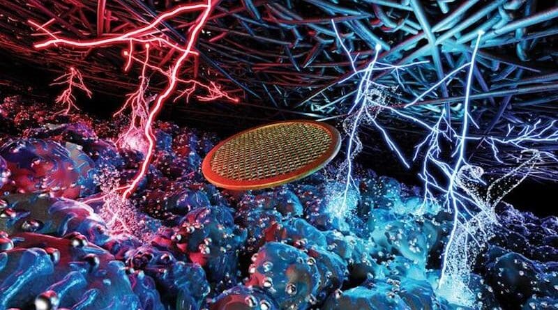 Researchers at Chalmers University of Technology, Sweden, have developed an innovative method to study and understand how fuel cells degrade over time, using advanced electron microscopes . This is an illustration of a catalyst layer sample on a transmission electron microscope grid, placed between an electrode and a gas diffusion layer. CREDIT: Chalmers University of Technology | Linnéa Strandberg and Victor Shokhen