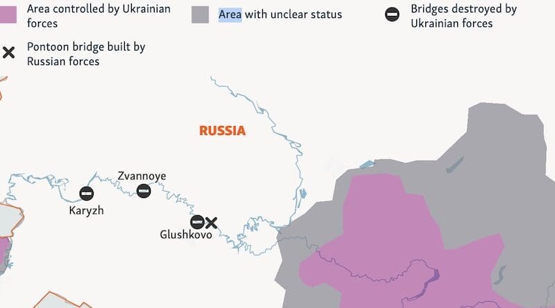 The Bridges Over The River Seym: Three Seym River bridges have been destroyed in the Kursk region by Ukrainian forces. In the meantime, Russian forces are trying to put up temporary bridges. Credit: RFE/RL
