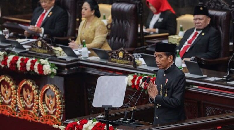 Indonesian President Joko “Jokowi” Widodo (right) delivers his final State of the Nation address in celebration of the 79th Independence Day, at the Parliament complex in Jakarta, Aug. 16, 2024. Photo Credit: Eko Siswono Toyudho/BenarNews