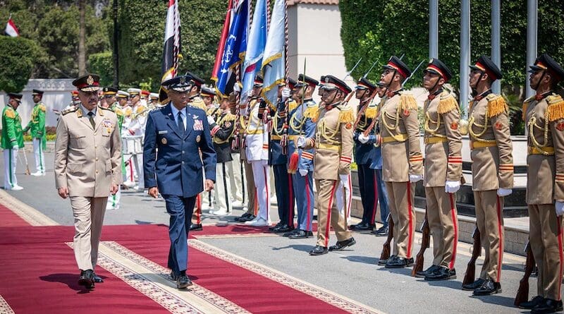 Air Force Gen. CQ Brown, Jr., chairman of the Joint Chiefs of Staff, attends an honor ceremony hosted by Lt. Gen. Ahmed Fathy Khalifa, chief of staff of the Egyptian Armed Forces, in Cairo, Aug. 25, 2024. Photo Credit: Navy Chief James Mullen, DOD