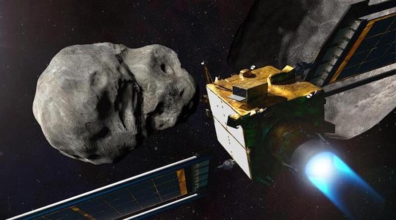 An illustration depicting NASA’s Double Asteroid Redirection Test (DART) spacecraft prior to impact at the Didymos binary asteroid system. CREDIT: Image courtesy of NASA/Johns Hopkins APL/Steve Gribben.