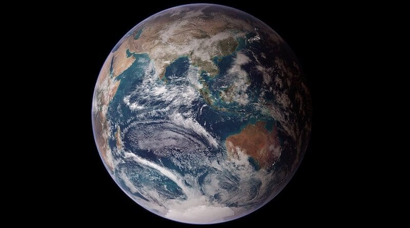 Composite rendering of the Eastern Hemisphere of Earth centered on the Indian Ocean, based on data from the Terra and Aqua satellites' MODIS instruments, the Defense Meteorological Satellite Program, Space Shuttle Endeavour, and the Radarsat Antarctic Mapping Project, combined by scientists and artists. Credit: NASA images by Reto Stöckli, based on data from NASA and NOAA - Earth Observatory, Wikipedia Commons