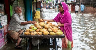 Selling mangoes in a flooded street after heavy rains. According to experts, climate adaptation remains ‘fragmented and uneven’. Copyright: Muhammad Amdad Hossain, (Pexels)