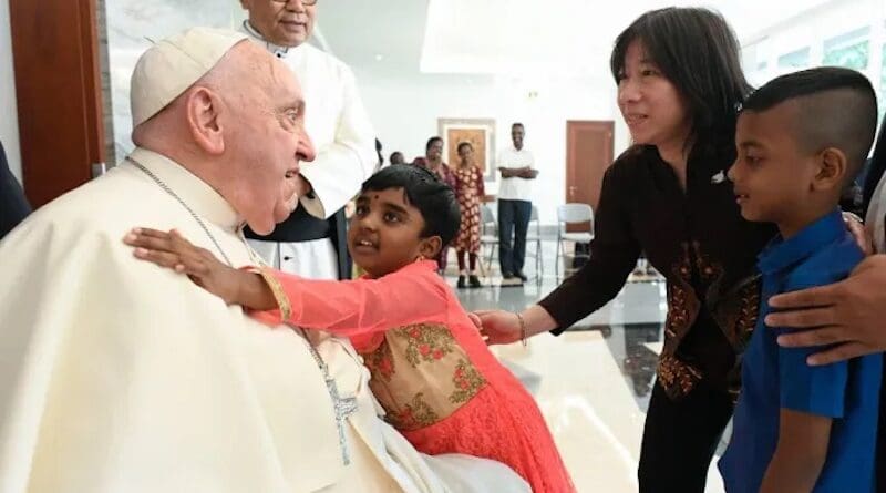 Pope Francis at the apostolic nunciature in Jakarta with refugee children. | Credit: Vatican Media