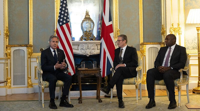Secretary Antony J. Blinken meets with UK Prime Minister Keir Starmer in London, United Kingdom, September 10, 2024. At right is UK Foreign Secretary David Lammy. (Official State Department photo by Chuck Kennedy)