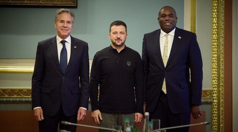 President of Ukraine Volodymyr Zelenskyy with the United States Secretary of State, Antony Blinken, and the Secretary of State for Foreign, Commonwealth and Development Affairs of the United Kingdom of Great Britain and Northern Ireland, David Lammy. Photo Credit: Ukreaine Presidential Press Service