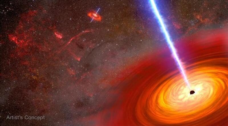 This is an artist's depiction of a pair of active black holes at the heart of two merging galaxies. They are both surrounded by an accretion disk of hot gas. Some of the material is ejected along the spin axis of each black hole. Confined by powerful magnetic fields, the jets blaze across space at nearly the speed of light as devastating beams of energy. CREDIT: NASA, ESA, Joseph Olmsted (STScI)