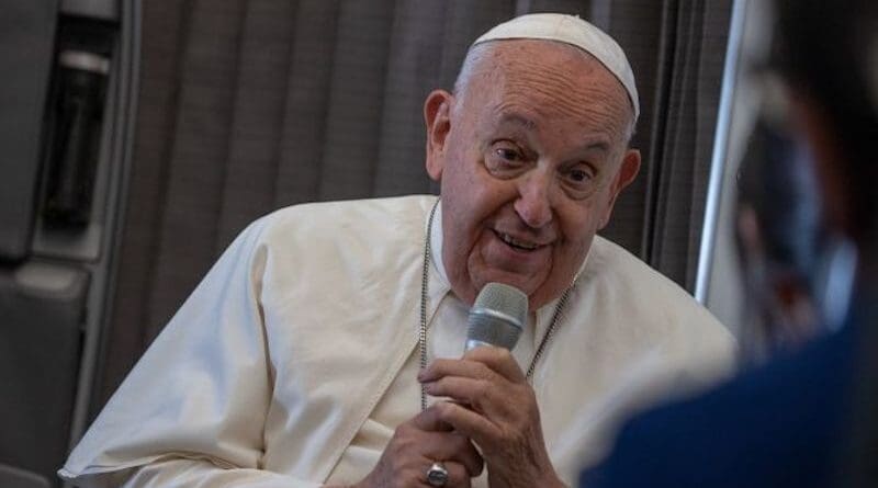 Pope Francis speaks to journalists aboard the papal plane during an in-flight press conference on Friday, Sept. 13, 2024, on his return from his nearly two-week tour of Southeast Asia. | Credit: Daniel Ibañez/CNA