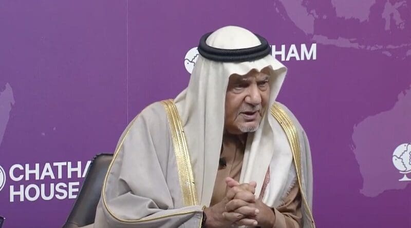 Prince Turki Al-Faisal, the former head of Saudi Arabia’s intelligence services, at London-based think tank Chatham House. Photo Credit: AN video screenshot