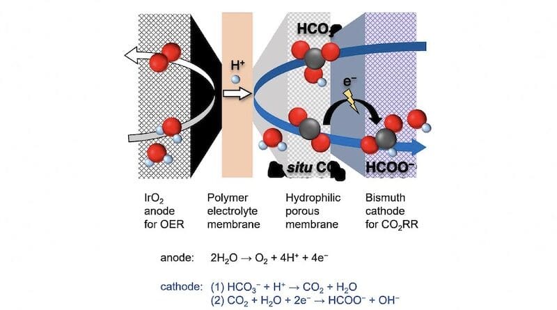 The team’s new cell features a polymer electrolyte membrane and a porous layer, where carbon dioxide is generated in-situ and reacts at the cathode to form formate ions. CREDIT: Tokyo Metroplitan University