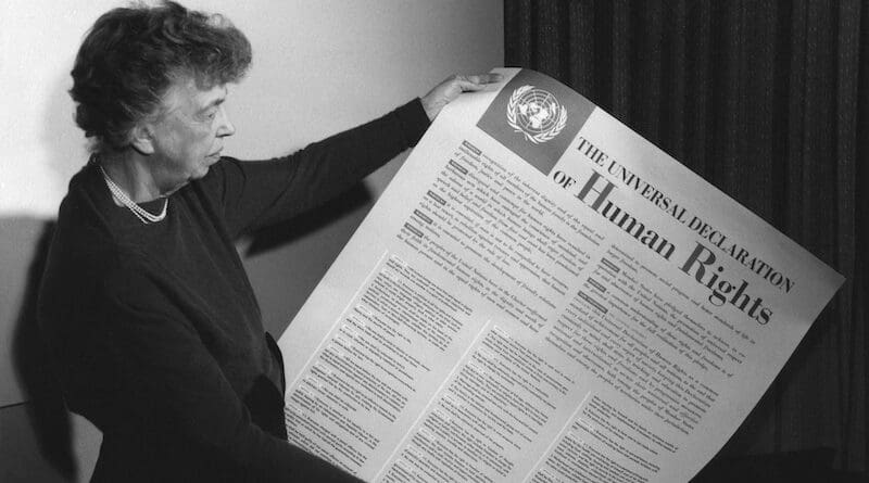 Eleanor Roosevelt holds a poster of the Universal Declaration of Human Rights. Lake Success, NY. 1949. Photo Credit: FDR Presidential Library & Museum.