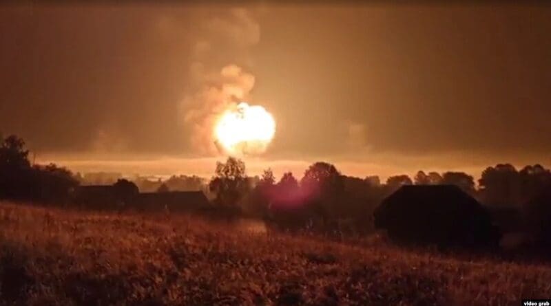 A fireball rises following a Ukrainian drone attack in Russia's Tver region on September 18. Photo Credit: RFE/RL