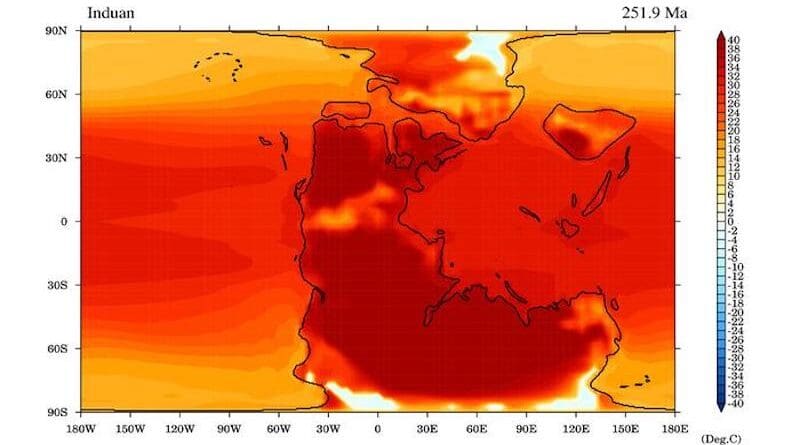 Surface temperature (°C) of the warmest month during peak-warmth for the Permian-Triassic mass extinction 252 million years ago. CREDIT: University of Bristol and China University of Geosciences (Wuhan)