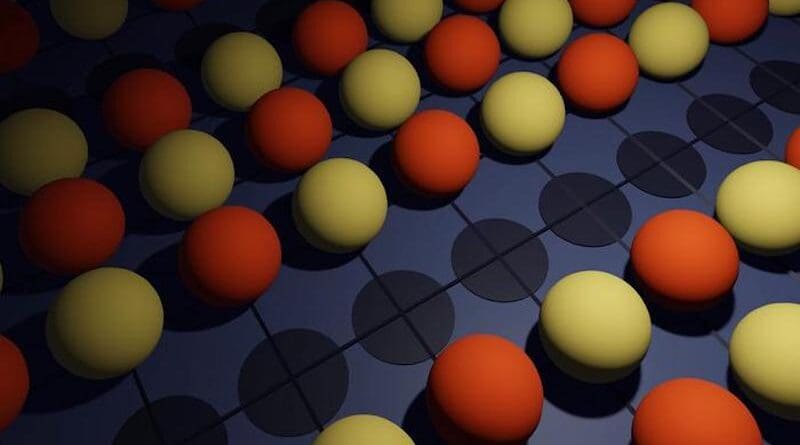 An illustration of colored balls on a chessboard-like grid similar to the Hubbard model. CREDIT: Lucy Reading-Ikkanda/Simons Foundation