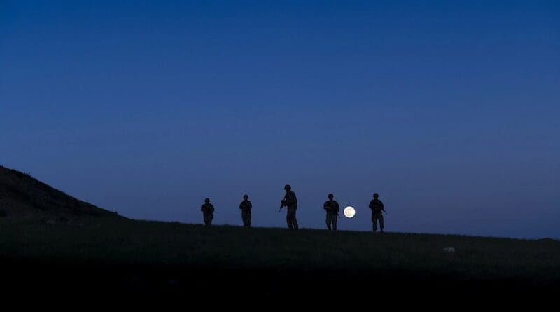 Soldiers assigned to the Army’s 1st Space Brigade at Fort Carson, Colo., conduct a training exercise sweep of their assigned area on May 25, 2021. Photo Credit: Air Force Staff Sgt. Dennis Hoffman