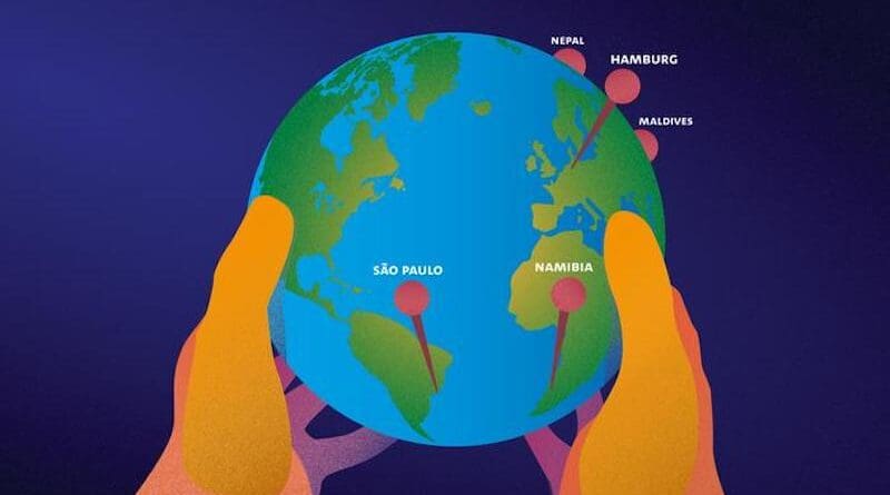 Cover illustration of the 2024 Hamburg Climate Futures Outlook, showing five of the nine case study locations. CREDIT: CLICCS / University of Hamburg