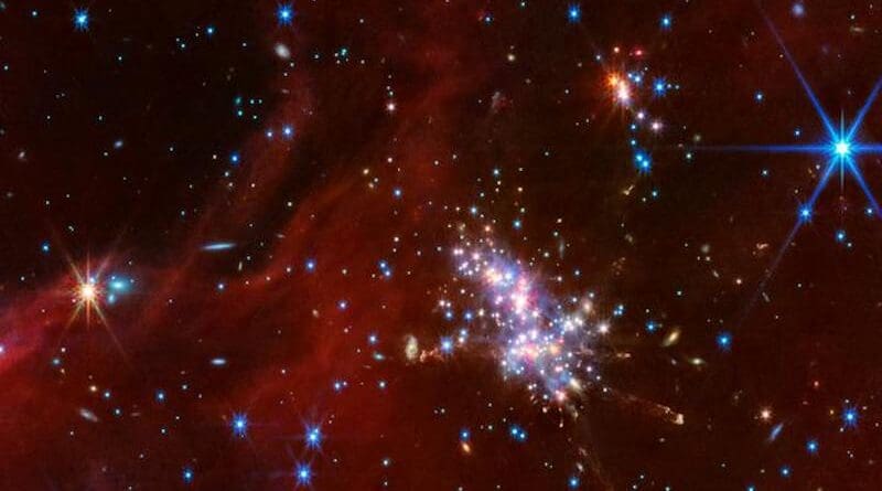 Scientists used NASA’s James Webb Space Telescope to examine select star-forming areas in the Extreme Outer Galaxy in near- and mid-infrared light. Within this star-forming region, known as Digel Cloud 2S, the telescope observed young, newly formed stars and their extended jets of material. This Webb image also shows a dense sea of background galaxies and red nebulous structures within the region. In this image, colors were assigned to different filters from Webb’s MIRI and NIRCam: red (F1280W, F770W, F444W), green (F356W, F200W), and blue (F150W; F115W). CREDIT: NASA, ESA, CSA, STScI, M. Ressler (JPL)