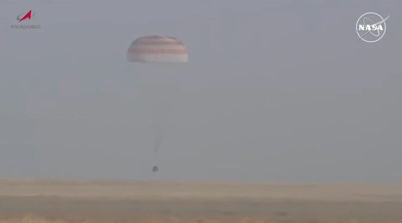 NASA astronaut Tracy C. Dyson, along with Roscosmos cosmonauts Oleg Kononenko and Nikolai Chub, return to Earth after completing their mission to the International Space Station. Credit: NASA