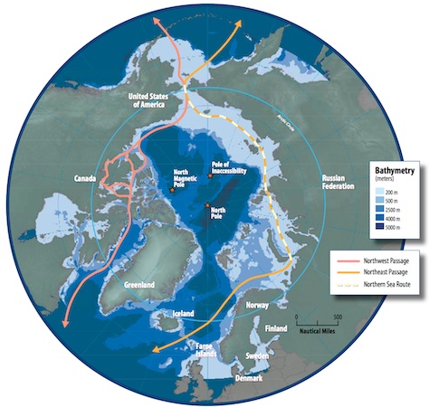 Map of the Arctic region showing the Northern Sea Route, in the context of the Northeast Passage, and Northwest Passage. Credit: Arctic Council, Wikipedia Commons