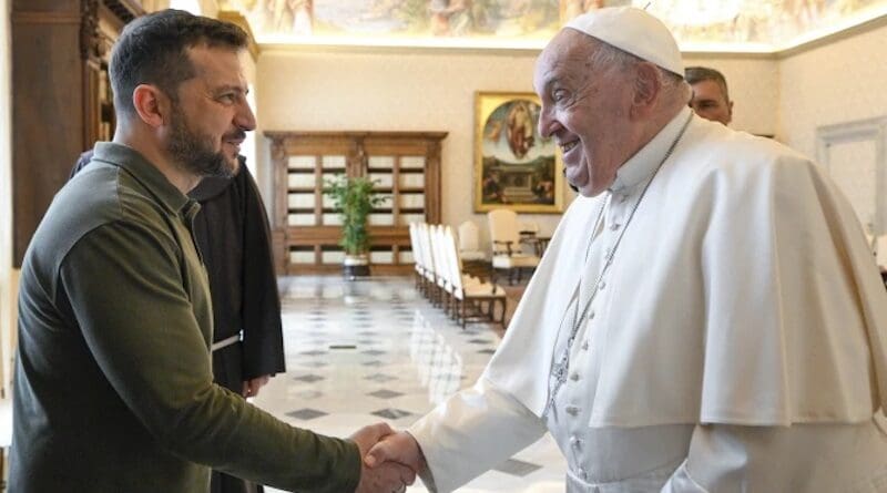 Ukraine President Volodymyr Zelenskyy shakes hands with Pope Francis during a meeting at the Vatican on Friday, Oct. 11, 2024. | Credit: Vatican Media
