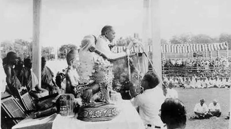 Dr. Bhimrao Ramji Ambedkar delivering a speech during a mass conversion ceremony. Photo Credit: Author unknown, Wikipedia Commons