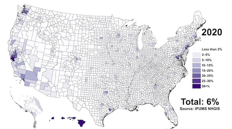 Distribution of Asian Americans by county according to the 2020 census. Credit: Wikipedia Commons
