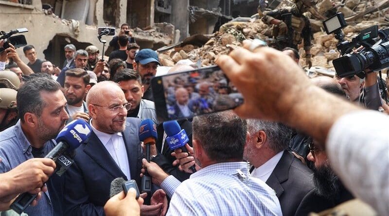 Speaker of the Iranian Parliament Mohammad Baqer Qalibaf visits a neighborhood in Beirut that has been hit by Israeli airstrikes. Photo Credit: Tasnim News Agency