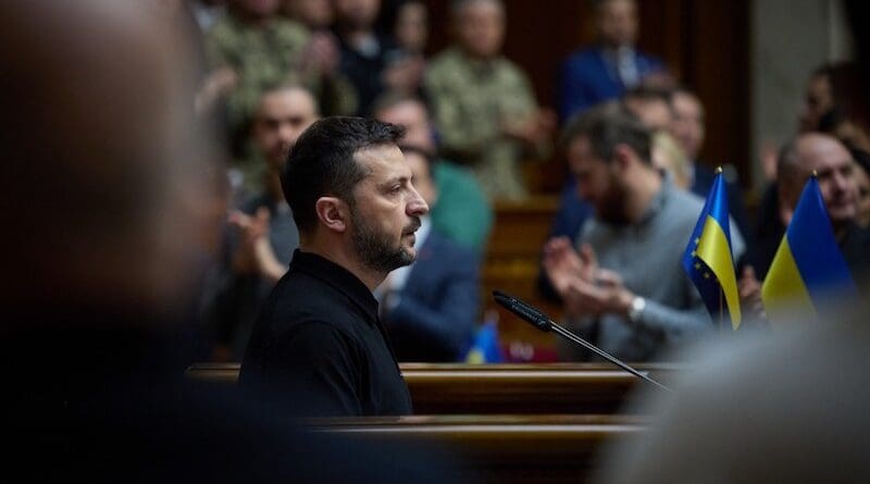 Ukrainian President Volodymyr Zelenskyy addresses lawmakers as he presents his "victory plan" during a parliament session in Kyiv on October 16. Photo Credit: Ukraine Presidential Press Service