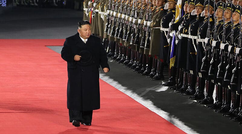 North Korea's leader Kim Jong Un inspecting the KPA Guard of Honour during military parade. Photo Credit: uriminzokkiri.com, Wikimedia Commons