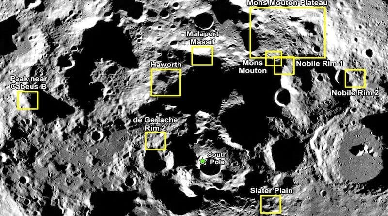 This image shows nine candidate landing regions for NASA’s Artemis III mission, with each region containing multiple potential sites for the first crewed landing on the Moon in more than 50 years. The background image of the lunar South Pole terrain within the nine regions is a mosaic of LRO (Lunar Reconnaissance Orbiter) WAC (Wide Angle Camera) images. Credit: NASA