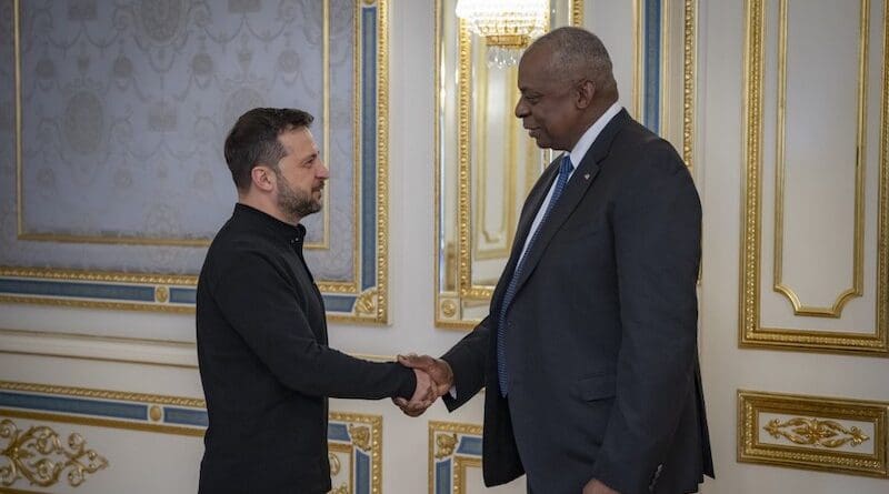 Ukraine's President Volodymyr Zelenskyy with U.S. Secretary of Defense Lloyd Austin. Photo Credit: Ukraine Presidential Press Service