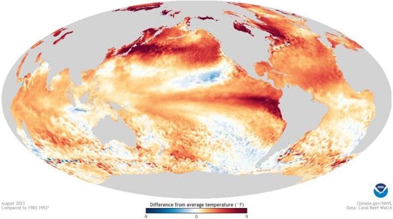 A new modeling study shows that the El Niño event, a huge blob of warm ocean water in the tropical Pacific Ocean that can change rainfall patterns around the globe, was present at least 250 million years in the past, and was often of greater magnitude than the oscillations we see today. CREDIT: NOAA