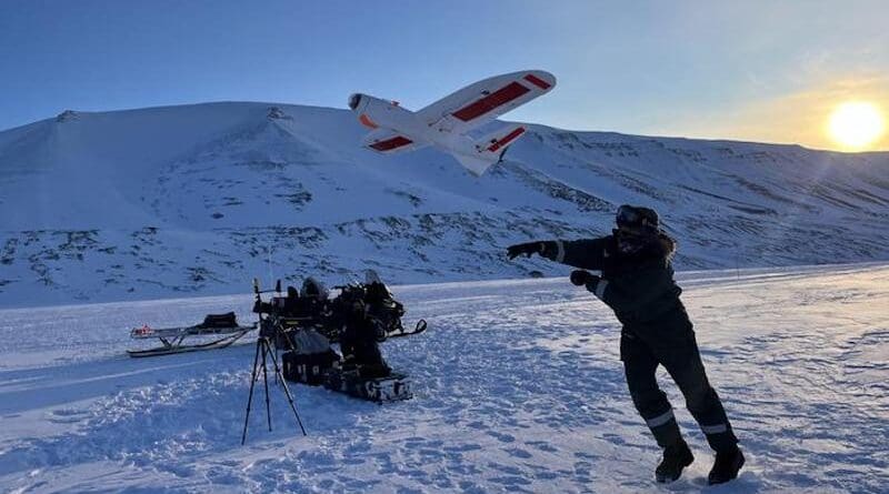 In Svalbard, researchers launch a device with an ice-penetrating radar system built around the Open Radar Code Architecture (ORCA), an open-source tool that allows scientists to build radars more cheaply and efficiently. (Image credit: Eliza Dawson)