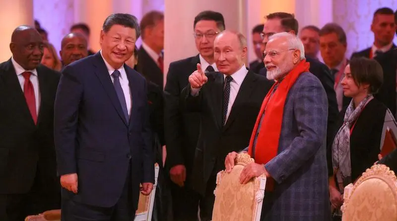 President of China Xi Jinping, President of Russia Vladimir Putin, and Prime Minister of India Narendra Modi during a concert ahead of an informal lunch for the heads of BRICS delegations held as part of the 16th BRICS summit in Kazan. Photo Credit: Alexandr Kryazhev, Photohost agency brics-russia2024.ru