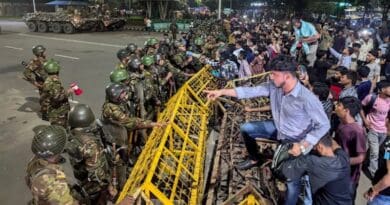 Bangladesh soldiers man a barricade in front of President Mohammed Sahabuddin’s official residence as students gather to demand his resignation, Oct. 22, 2024. Photo Credit: Mehedi Rana/BenarNews