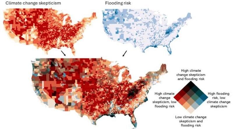 Darker areas in this map show where a confluence of flood risk and climate change skepticism is making communities particularly vulnerable to flooding. CREDIT Used under a CC BY 4.0 license from Gounaridis, D., Waweru, W. and Newell, J.P. Environ. Res. Lett. (2024)