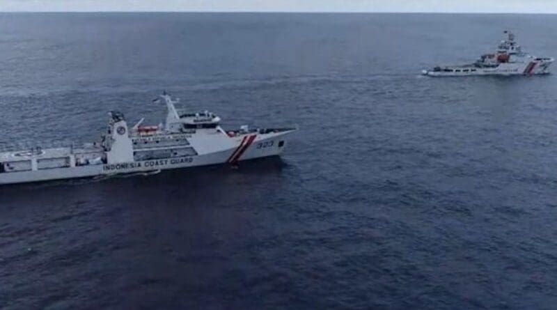 An Indonesian coast guard ship forces the China Coast Guard 5402 ship out of Jakarta’s exclusive economic zone in the North Natuna Sea, Oct. 25, 2024. Photo Credit: Indonesian Maritime Security Agency (Bakamla)