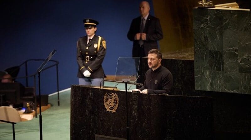 Ukraine's President Volodymyr Zelenskyy speaks at the UN General Assembly. Photo Credit: Ukraine Presidential Press Service