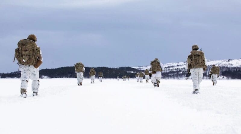 Soldiers walk through the snow following a static line jump during Exercise Arctic Shock 24 near Bardufoss, Norway. Photo Credit: Army Sgt. Avery Cunningham