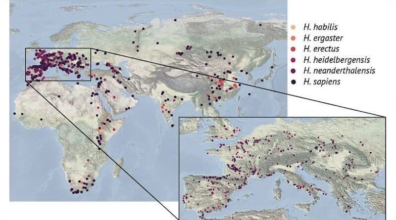 Map of Africa and Eurasia showing sites with evidence of human occupation. The inset shows a magnified view of Europe. CREDIT: Institute for Basic Science