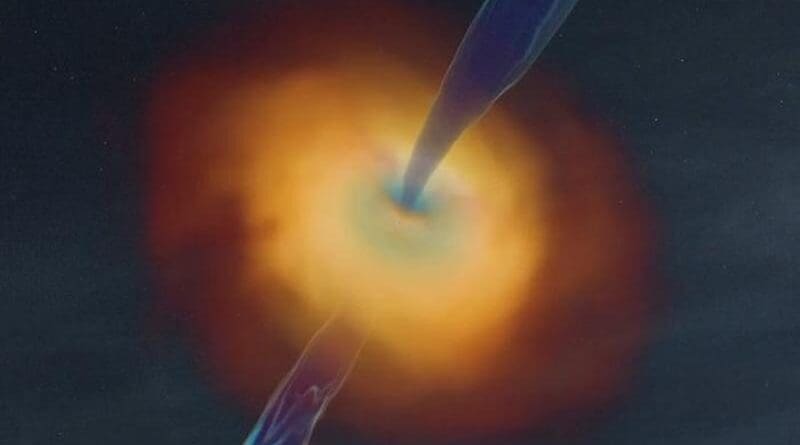 3D rendering of a rapidly spinning black hole's accretion disk and a resulting black hole-powered jet CREDIT: Ore Gottlieb et al. (2024)