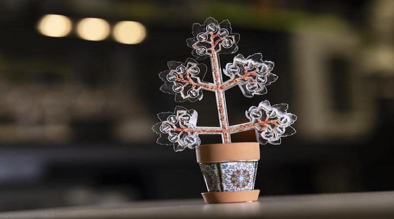 The artificial plants developed at Binghamton University, State University of New York use indoor light to drive photosynthesis, achieving a 90% reduction in carbon dioxide levels — far surpassing the 10% reduction seen with natural plants. CREDIT: Binghamton University, State University of New York