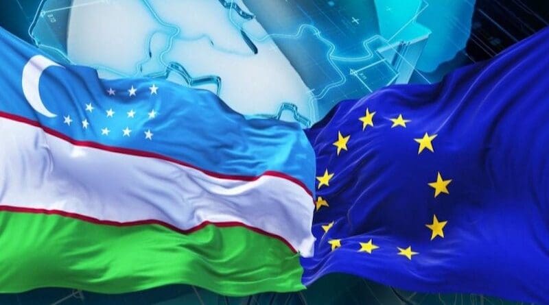 Flags of Uzbekistan and the European Union. Credit: Uzbekistan Embassy