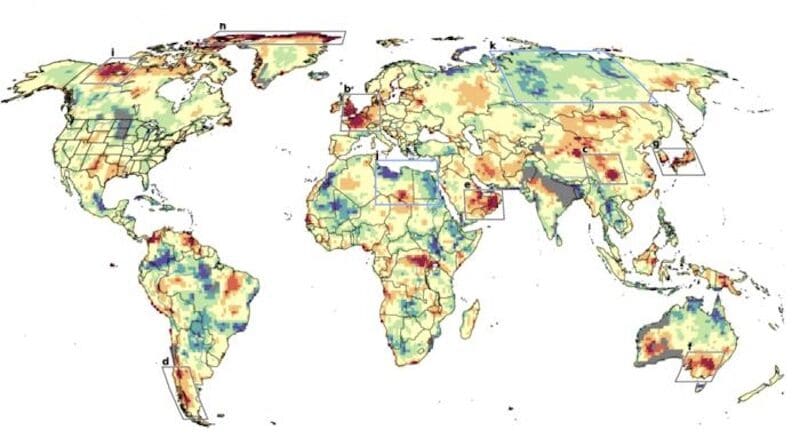 Regions where observed heat waves exceed trends from climate models. Boxed areas with the darkest red colors are the most extreme; lesser reds and oranges exceed models, but not by as much. Yellows roughly match models, while greens and blues are below what models would project. CREDIT: Adapted from Kornhuber et al., PNAS 2024