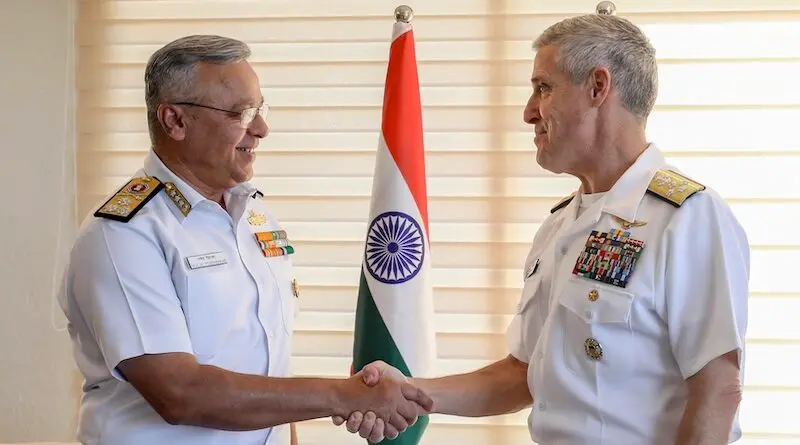 U.S. Navy Adm. Steve Koehler (right), commander, U.S. Pacific Fleet, shakes hands with Indian Navy Vice Adm. Rajesh Pendharkar, flag officer commanding-in-chief, Eastern Naval Command, after a meeting during Exercise Malabar 2024 on board Indian Navy Submarine Base Virbahu in Visakhapatnam, India, Oct. 9, 2024 (U.S. Navy photo by Mass Communication Specialist 1st Class Greg Johnson)